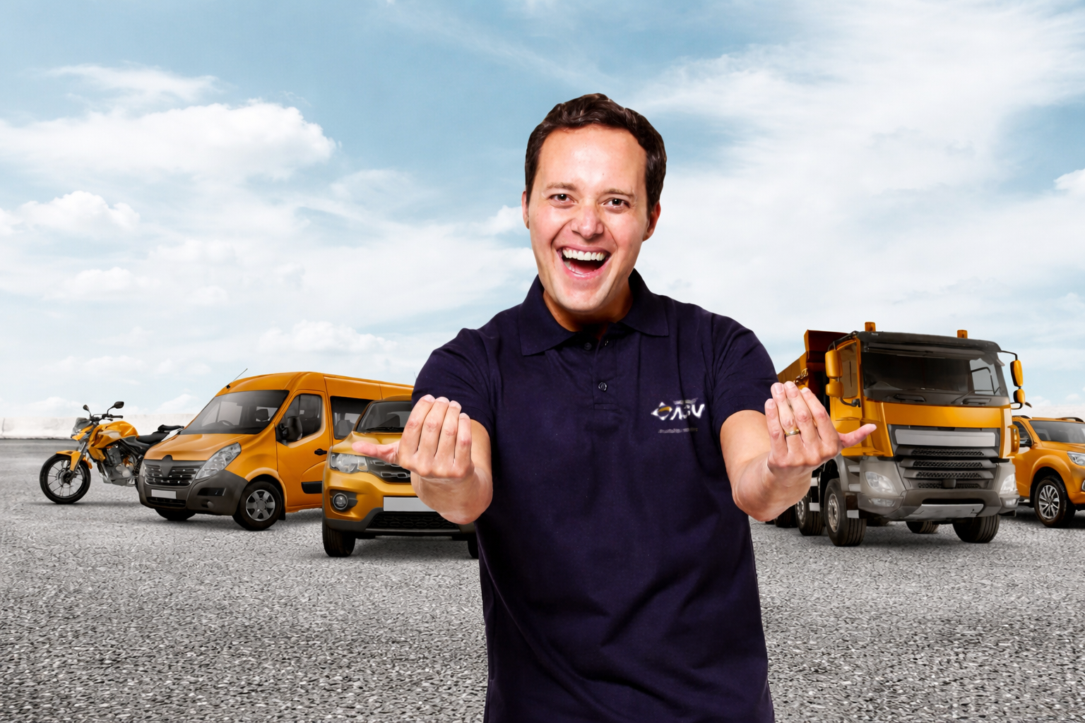 Consultor Universo AGV DF sorridente com frota de veículos protegidos ao fundo